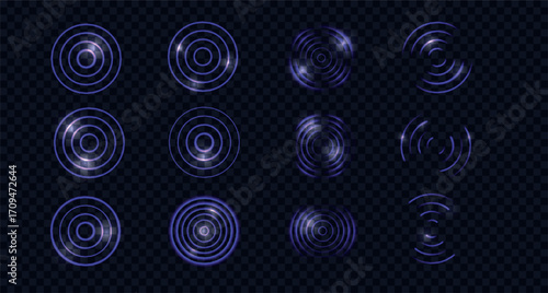 Set of purple neon radar pulses and sound waves.