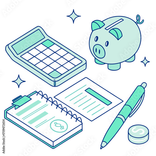 Isometric illustration showcasing financial planning with a calculator, piggy bank, notebook, pen, and coin, representing saving, investment, and economic growth