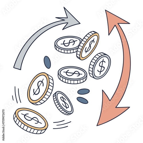 Money flow coins circulate with arrows, representing the continuous movement of funds, investment returns, and economic activity in a dynamic financial system