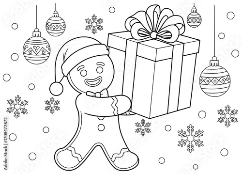 Gingerbread Man vector illustration of a festive cookie character wearing Santa hat holding wrapped gift box with ribbon surrounded by ornaments and snowflakes