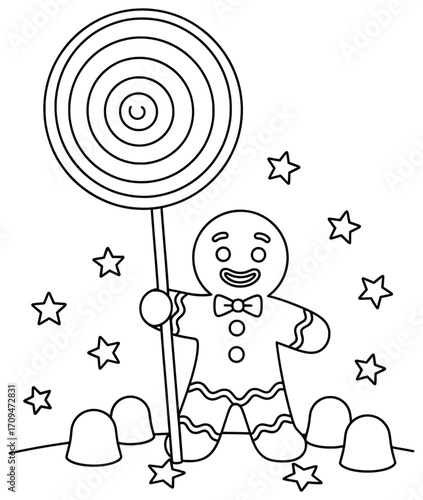 Gingerbread Man vector illustration of a festive cookie character with bow tie holding a giant lollipop surrounded by shining stars and candy pieces on the ground
