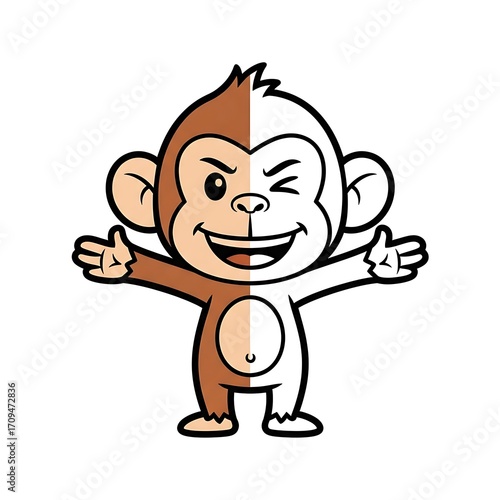 Cute Cartoon Monkey with Half-and-Half Coloring.