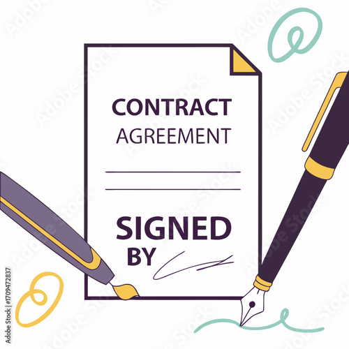 Contract agreement document with pens symbolizes legal agreements, business partnerships, and official documentation vector illustration in flat design