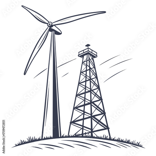 Detailed illustration of a wind turbine and an oil derrick on a hill representing the contrast between renewable and traditional energy sources