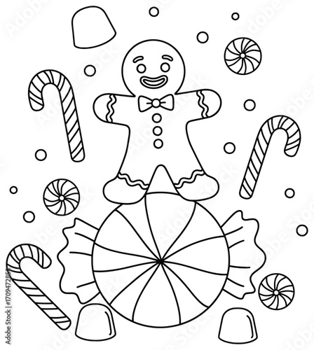 Gingerbread Man vector illustration of a festive cookie character with bow tie standing on a giant wrapped candy surrounded by candy canes peppermint swirls and gumdrops