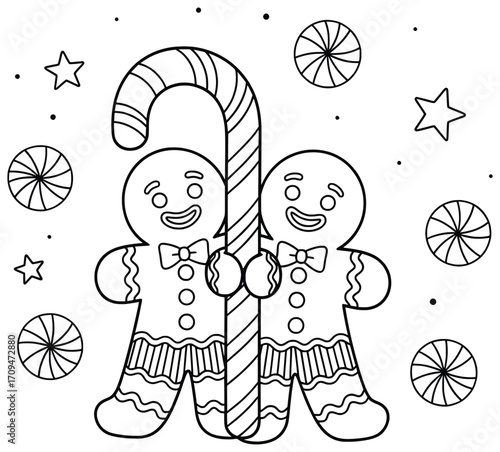Gingerbread Man vector illustration of two festive cookie characters with bow ties holding a giant striped candy cane surrounded by peppermint candies and shining stars