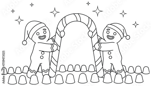 Gingerbread Man vector illustration of two festive cookie characters in santa hats holding a large striped candy cane arch surrounded by gumdrops and shining holiday stars