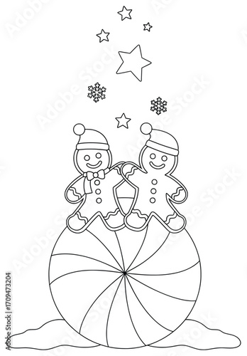 Gingerbread Man vector illustration of two festive cookie characters in santa hats standing on a giant peppermint candy ball with glowing stars and falling snowflakes above