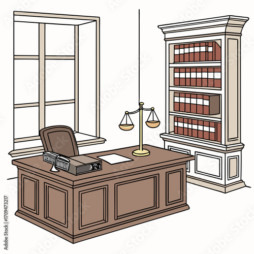 Law office interior, featuring a desk, scales of justice, bookcase, and window, symbolizing legal practice, jurisprudence, and the pursuit of justice