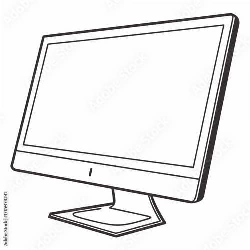 Modern desktop computer line art, showcasing sleek design and functionality for office work, gaming, or multimedia applications