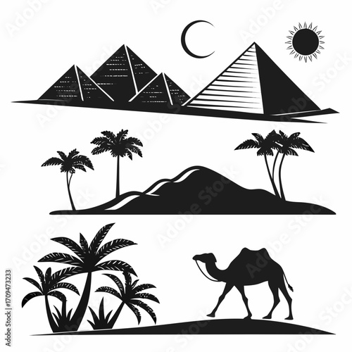 Majestic pyramids and serene desert landscape silhouette, featuring camels, palm trees, and celestial bodies, capturing the essence of ancient egypt