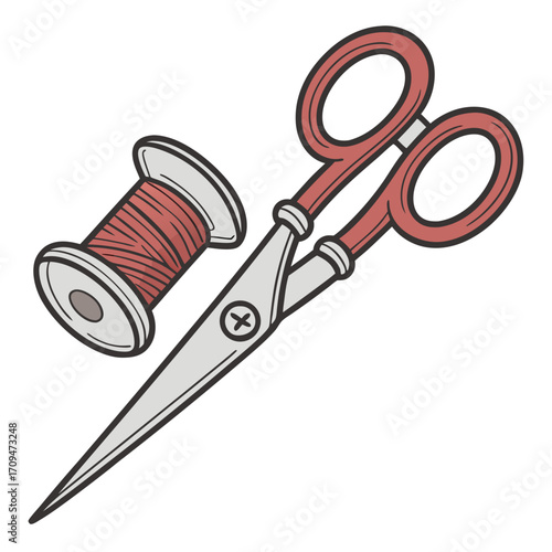 Scissors and thread spool essential sewing tools for tailoring, crafting, and design projects perfect for adding a touch of handmade charm to your designs