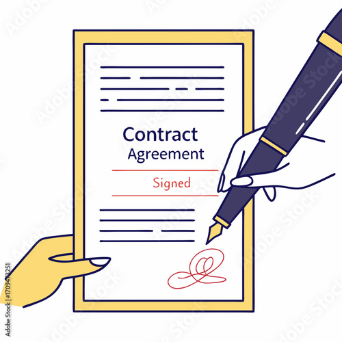Signing a contract agreement with a pen, representing legal commitment, business partnership, and the importance of formal documentation in professional dealings