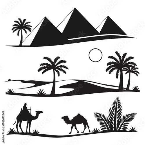 Silhouette of an egyptian desert landscape with pyramids, palm trees, camels, and the sun perfect for travel, history, or cultural themes