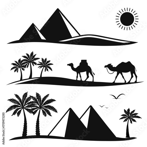 Silhouette of an egyptian landscape featuring pyramids, palm trees, camels, and the sun ideal for travel, history, or cultural projects