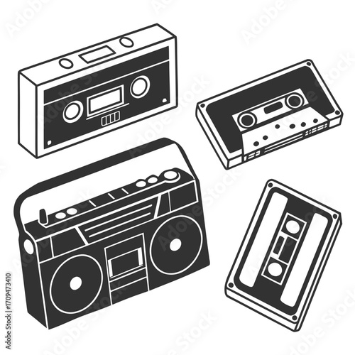 A vintage collection featuring a boombox and cassette tapes, evoking a sense of nostalgia for the 80s and 90s, perfect for retrothemed designs