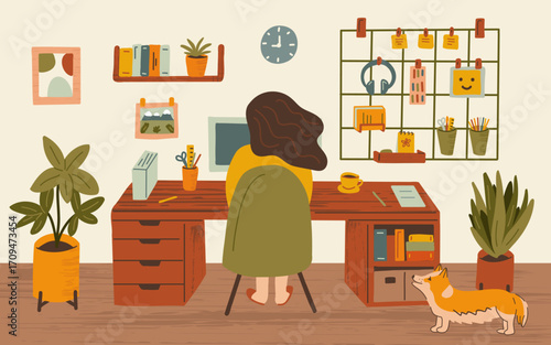 Vector elements of the home office environment   A woman working at a desk in a room with shelves and a clock, on a light background