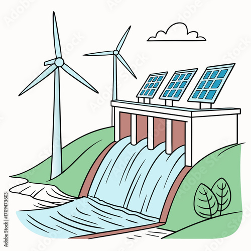 Illustration of a hydroelectric dam with solar panels and wind turbines concept for renewable energy sources and sustainable power generation