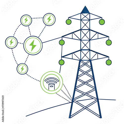 Illustration of a power grid tower connected to a network of renewable energy sources, representing the distribution of clean electricity and the integration of sustainable technologies