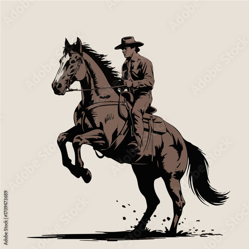 Cowboy and Rearing Horse for Minimalist Western Artwork
