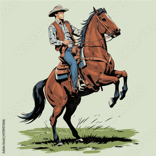 Cowboy Silhouette with Rearing Horse in Bold Graphic Style