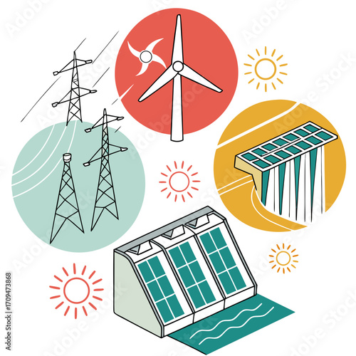 Illustration showing various renewable energy sources including solar panels, wind turbines, and hydroelectric power