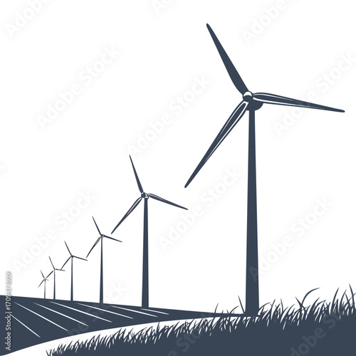 Silhouette of a row of wind turbine on a field, representing renewable energy and sustainable power generation
