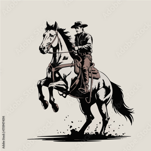 Western Ranch Cowboy Riding Horse with Traditional Outfit