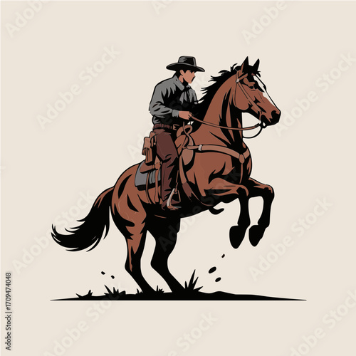 Dynamic Cowboy Illustration with Horse for Western Design Projects