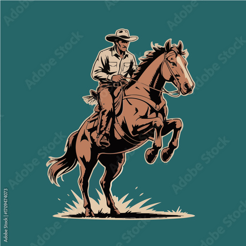 Cowboy on Rearing Horse in Classic Western Style vector