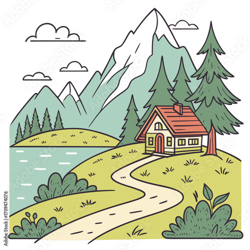 A charming cabin nestled in a picturesque mountain setting with a winding path, lush greenery, and serene lake, evoking a sense of tranquility and escape