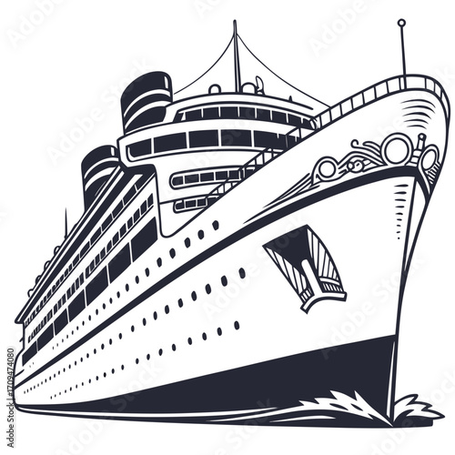 A classic cruise ship majestically cuts through the waves, its intricate details and vintage design transporting you to a bygone era of maritime travel
