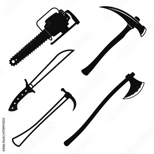 An assortment of dangerous tools, including a chainsaw, machete, axe, and pickaxe, representing potential hazards and equipment for various tasks
