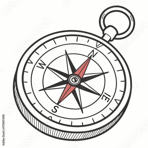 Handdrawn compass, a navigational instrument that uses a magnetized needle to indicate direction relative to the earths magnetic poles, essential for travel