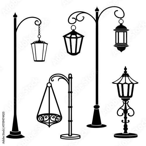 Collection of vintage street lamps set of decorative outdoor lights in retro style black and white vector illustration of old fashioned lanterns