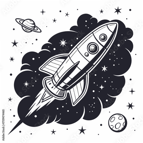 Handdrawn illustration of a retro space rocket flying through space with planets and stars, a vintage design for space enthusiasts and dreamers