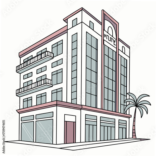 Illustration of a modern utility building, featuring architectural details, balconies, and a palm tree, suitable for urban and commercial themes