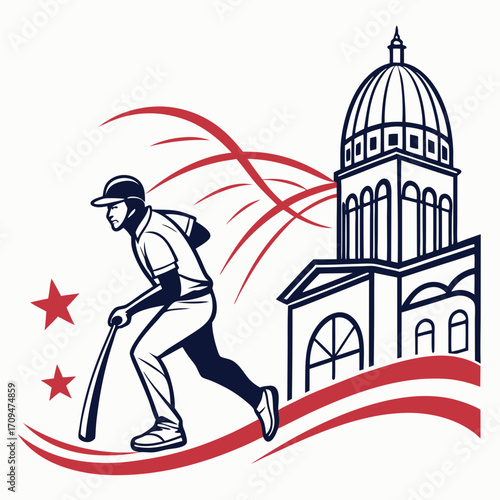 A baseball player is running with a bat in front of a building the player is wearing a helmet and uniform, and the building is a capitol building