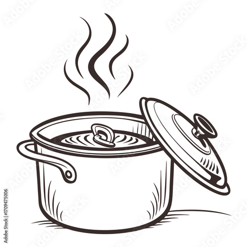 A steaming pot with an open lid, , evokes the essence of cooking, culinary arts, and the comforting aroma of homemade meals