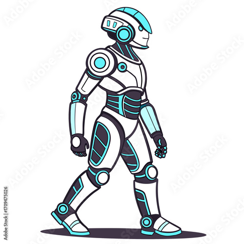 A walking robot with a white and blue color scheme is depicted in this illustration, showcasing a futuristic design and smooth movement