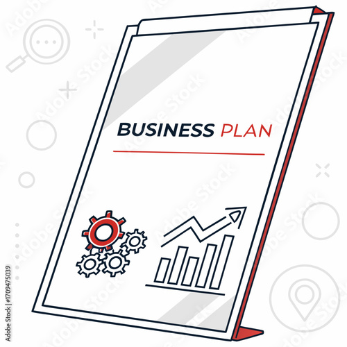 Business plan presentation, showcasing growth chart, gears, and strategic planning for success in a modern, minimalist design, perfect for entrepreneurs
