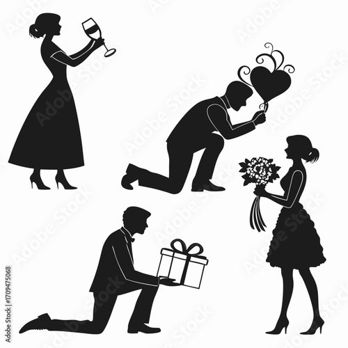 Charming wedding silhouettes showcasing a bride with wine, a groom proposing with a heart, a bride with flowers, and a groom presenting a gift in a romantic scene