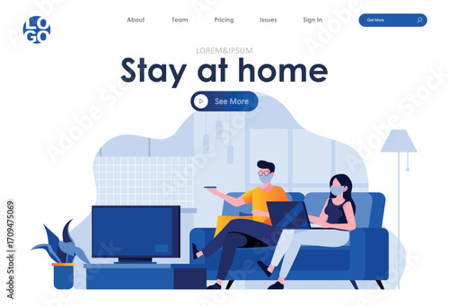 Conference Customer Service Office Banner A “Stay at home” poster with people relaxing at home, on a light background