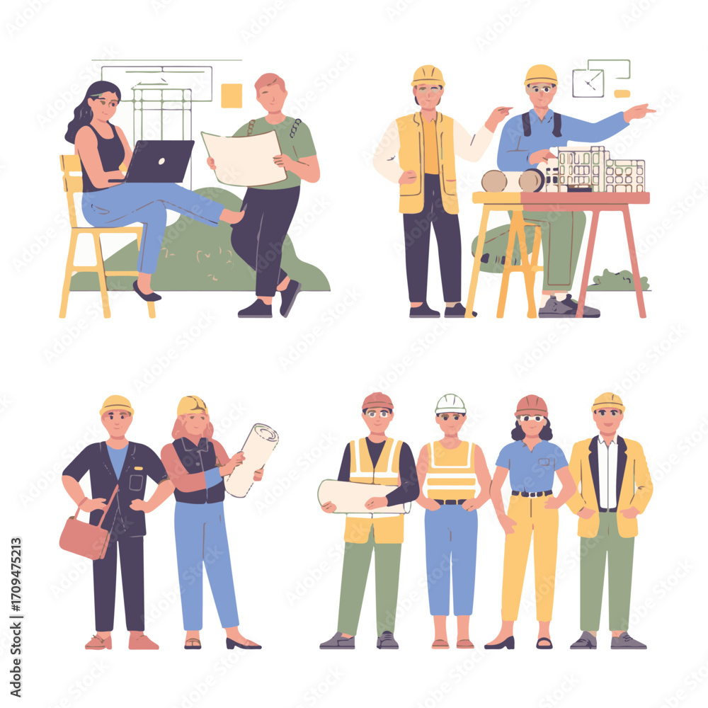 Obraz premium Architects and Construction Workers Scenes Set