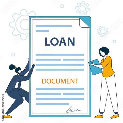 Loan document with people financial planning, accounting, and tax filing loan application, approval, and agreement concept