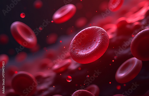 shot glowing red blood cells fluid motion blurred dark background illuminated soft diffused studio light