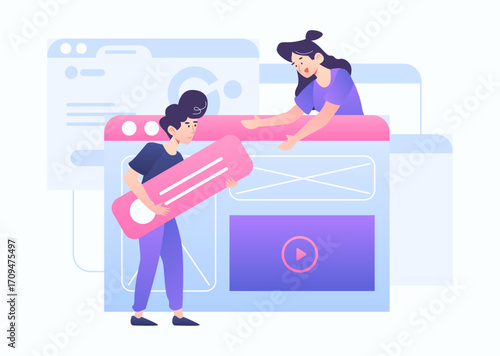 girl and boy playing video games Two women interacting with a digital interface, with a play button icon, on a light background with purple elements