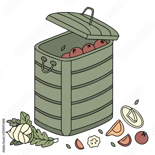 Illustration of a compost bin with food scraps inside and around it, the lid is open, promoting sustainable practices and reducing waste