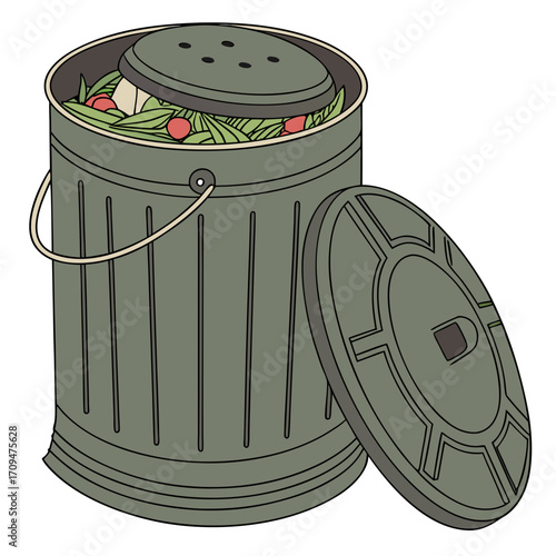 Illustration of a compost bin with food scraps inside, the lid is next to it, promoting sustainable practices and reducing waste through composting