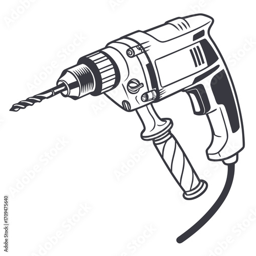 Illustration of a drill, a power tool used for drilling holes, driving screws, and performing various construction and diy tasks with efficiency